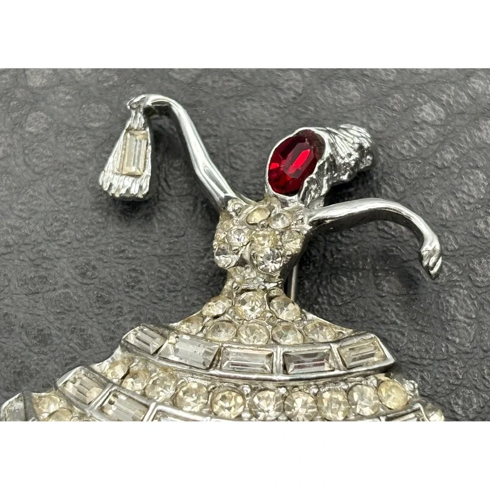 Vintage Rhinestone Ballerina Dancer Lady Brooch Pin Red Crystal Silver Tone